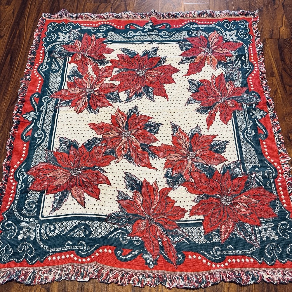 VTG Christmas Poinsettia Woven Tapestry Throw Blanket 50x60 Reversible Fringe